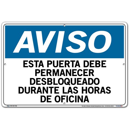 Vestil Aluminum Sign, 12-1/2" Height, 18-1/2" Width, Aluminum, Rectangle, Spanish SI-N-56-D-AL-080-S
